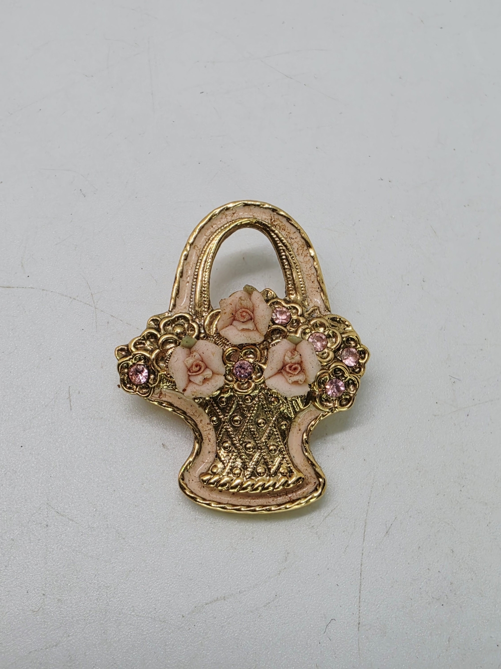 Vintage 1928 Jewelry Pink Porcelain Rose Flower Basket Bouquet Brooch Crystal